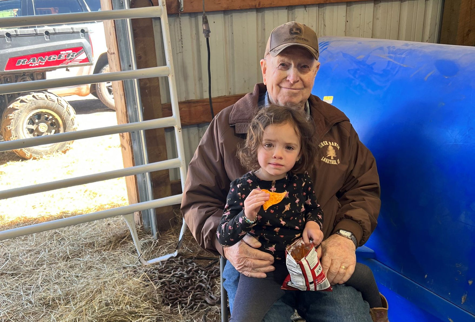 Granps and Lannie heping out at branding on Beck Ranch